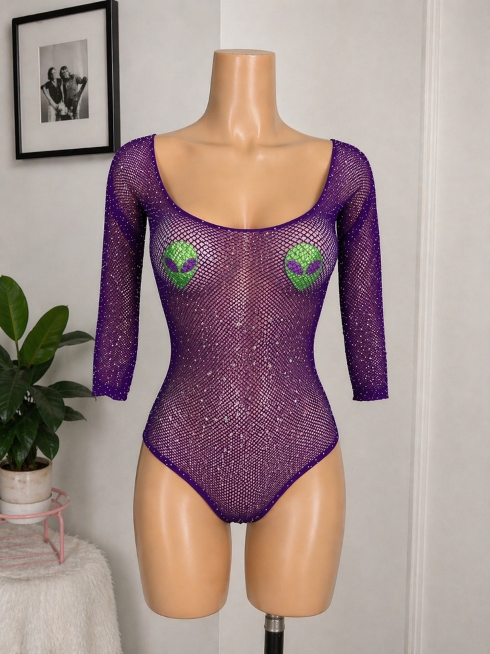 Purple Rhinestone Fishnet Bodysuit Rave Festival Sheer Sparkle One Size